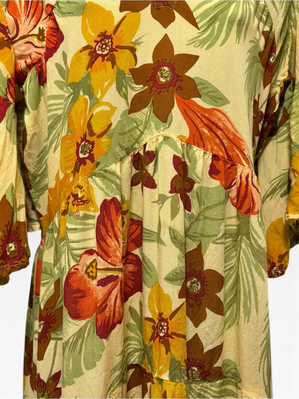 Faithfull the Brand Yellow Tropical Floral V-Neck Tiered Midi Dress XL - Picture 3 of 6